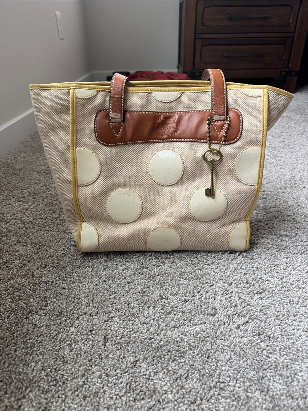 Fossil Cream Polka Dot Canvas Tote with Brown Leather Trim and Gold Key Charm